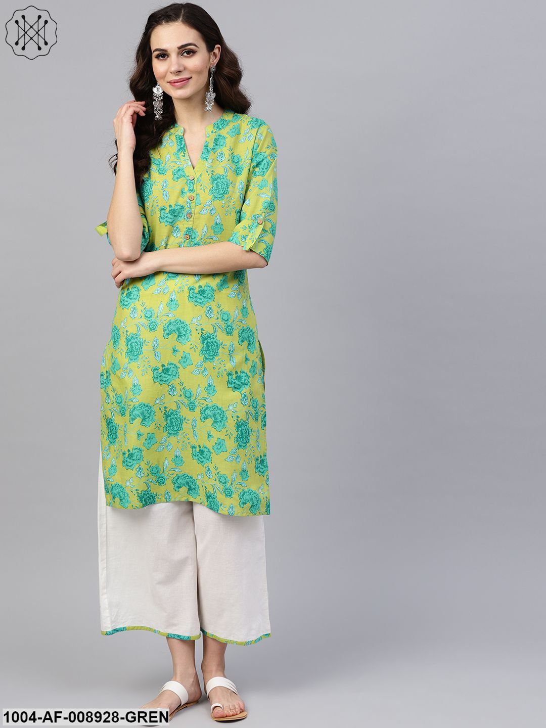 Fluorescent Green & Blue Floral Printed Kurta Set With White Palazzo With Print Detailing