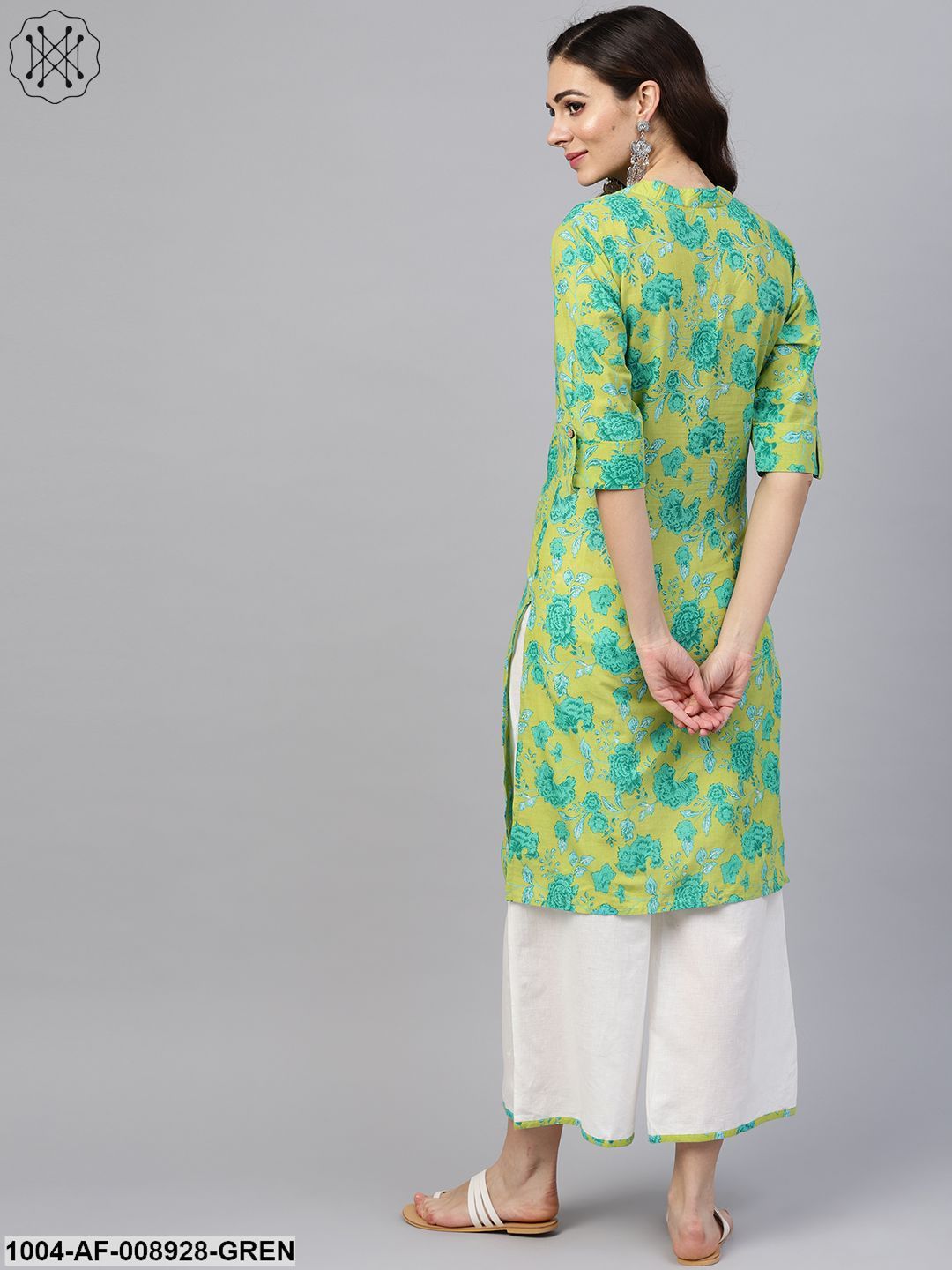 Fluorescent Green & Blue Floral Printed Kurta Set With White Palazzo With Print Detailing