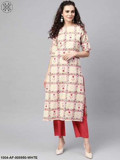 White Checked Printed Straight Kurta Set With Solid Red Pants