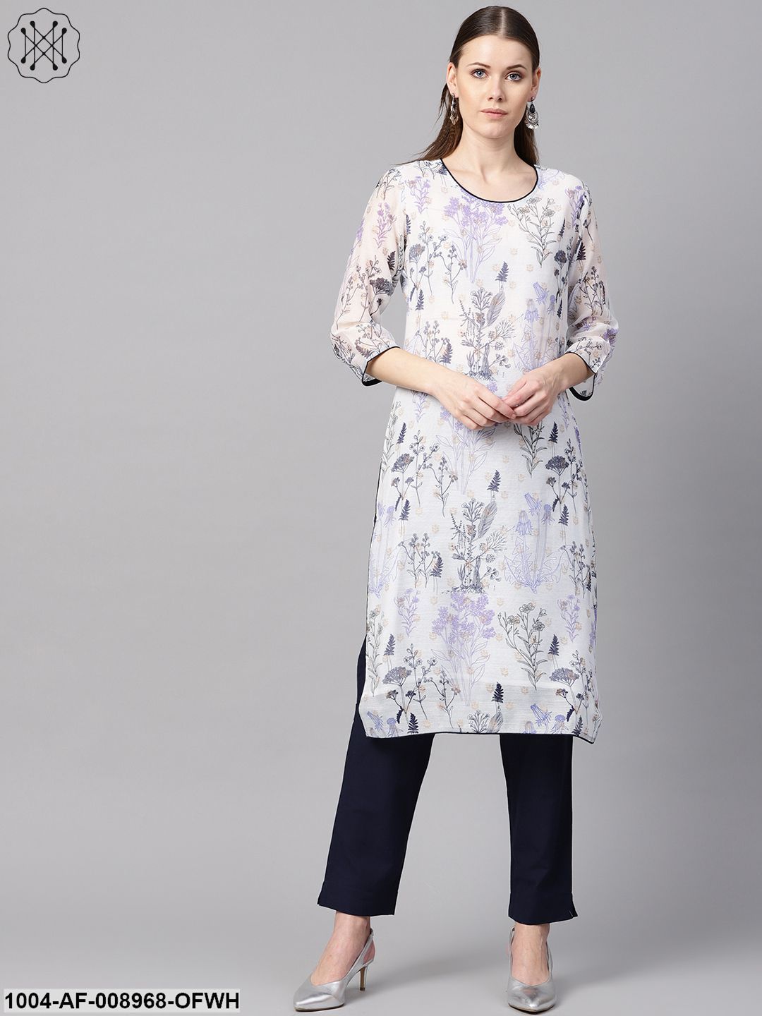 Floral Printed Chanderi 3/4Th Sleeve Kurta With Lining With Solid Navy Blue Pants