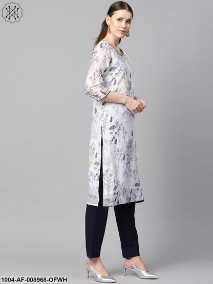 Floral Printed Chanderi 3/4Th Sleeve Kurta With Lining With Solid Navy Blue Pants