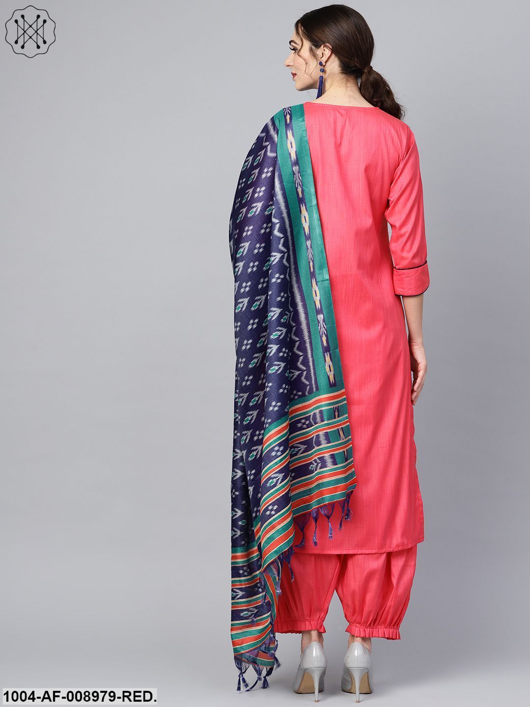 Red 3/4Th Sleeve Cotton Kurta Set With Pleated Salwar & Blue Dupatta