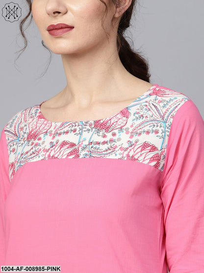 Solid 3/4Th Sleeve Pink Kurta With Printed Shoulder Yoke With Pants & Mule Printed Dupatta