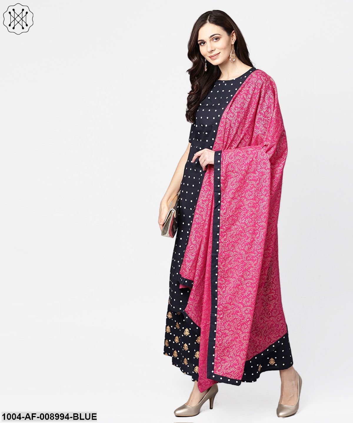 Navy Blue Three Piece Kurta Set With Palazzo & Magenta Dupatta