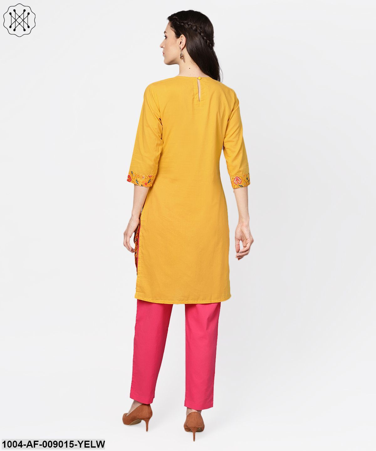 Yellow Printed 3/4Th Sleeve Cotton Kurta With Red Palazzo