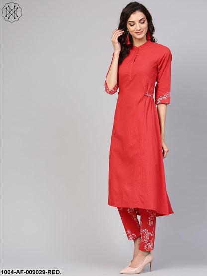 Solid Red Kurta With Detailed Printed Sleeves & Pants
