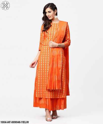 Yellow Printed 3/4Th Sleeve Cotton A-Line Kurta With Flared Palazzo & Dupatta