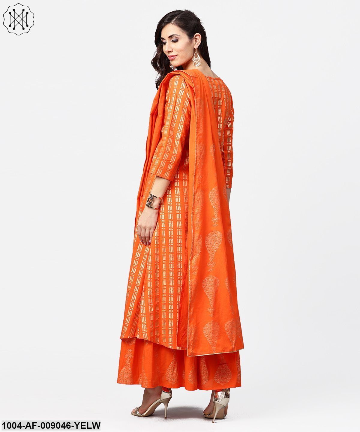 Yellow Printed 3/4Th Sleeve Cotton A-Line Kurta With Flared Palazzo & Dupatta