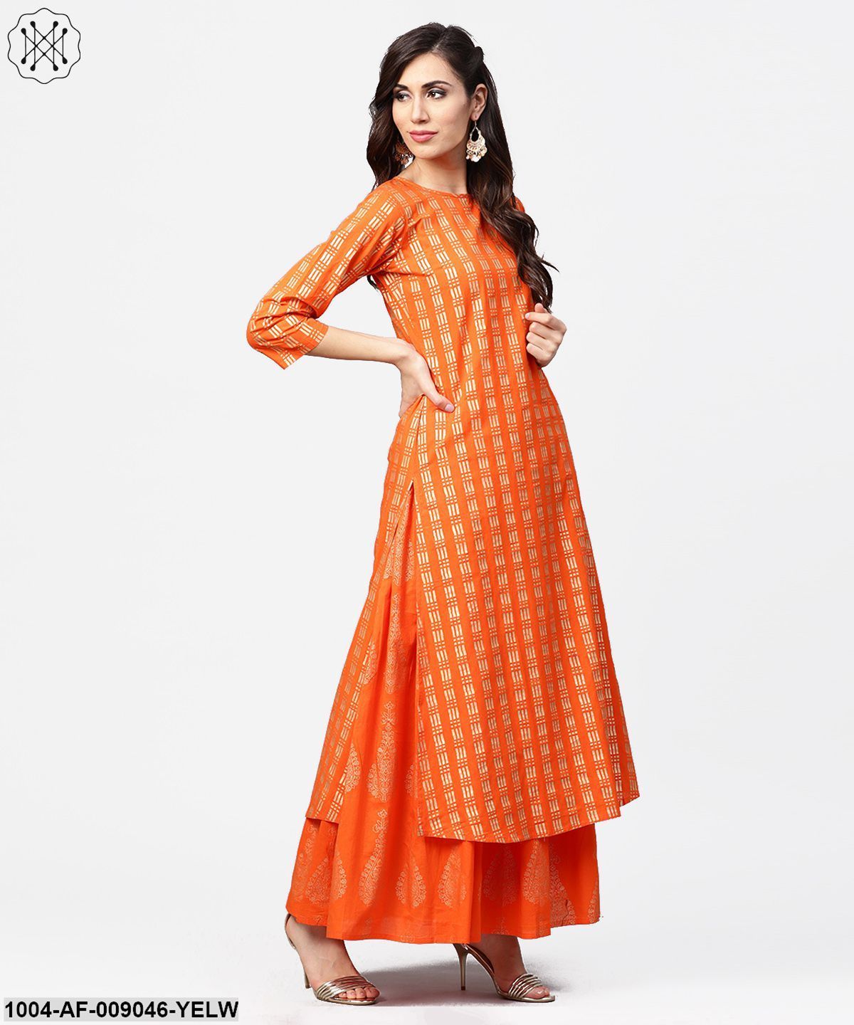 Yellow Printed 3/4Th Sleeve Cotton A-Line Kurta With Flared Palazzo & Dupatta