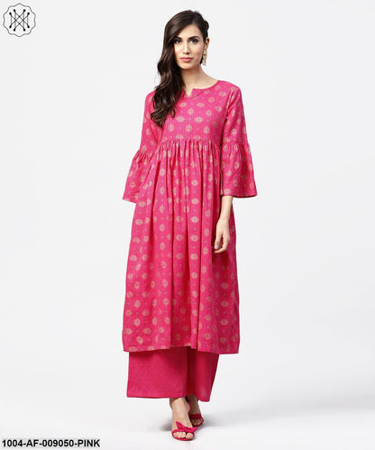 Pink 3/4Th Flared Sleeve Cotton Anarkali Kurta With Ankle Length Palazzo