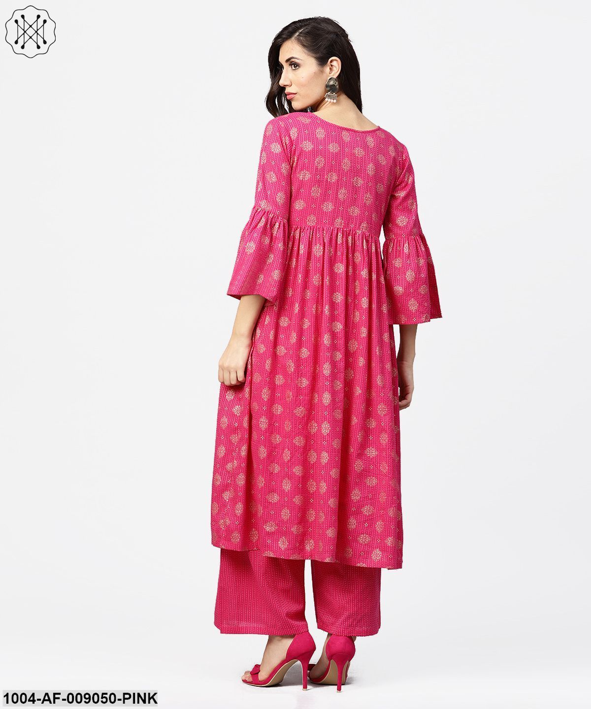 Pink 3/4Th Flared Sleeve Cotton Anarkali Kurta With Ankle Length Palazzo