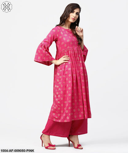 Pink 3/4Th Flared Sleeve Cotton Anarkali Kurta With Ankle Length Palazzo