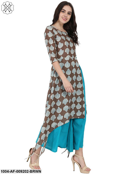 Coffee Brown Printed Half Sleeve Cotton Low High Kurta With Blue Flared Skirt