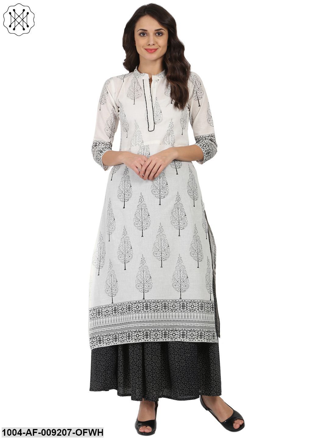 Off White Printed 3/4Th Sleeve Cotton Kurta With Black Printed Skirt