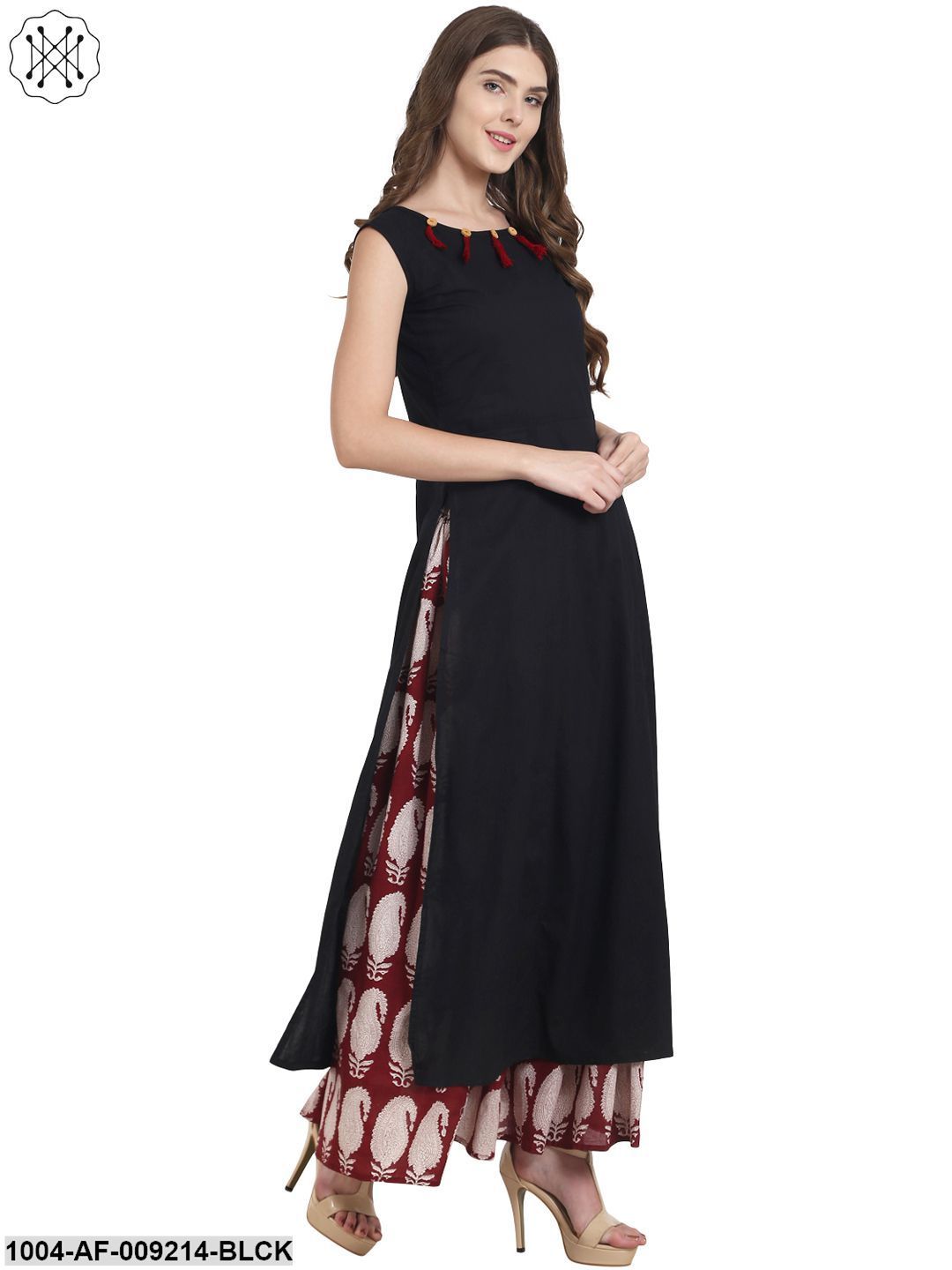 Black Cotton Sleeveless Kurta With Red Printed Skirt