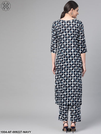 Women White & Navy Blue Straight Geometric Printed Kurta And Trousers Set