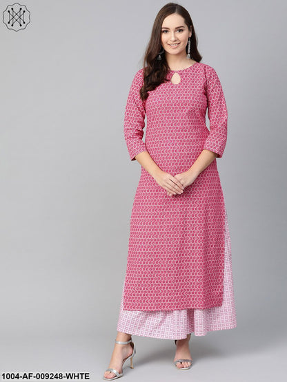 Women Pink & White Straight Floral Printed Kurta And Skirt Set