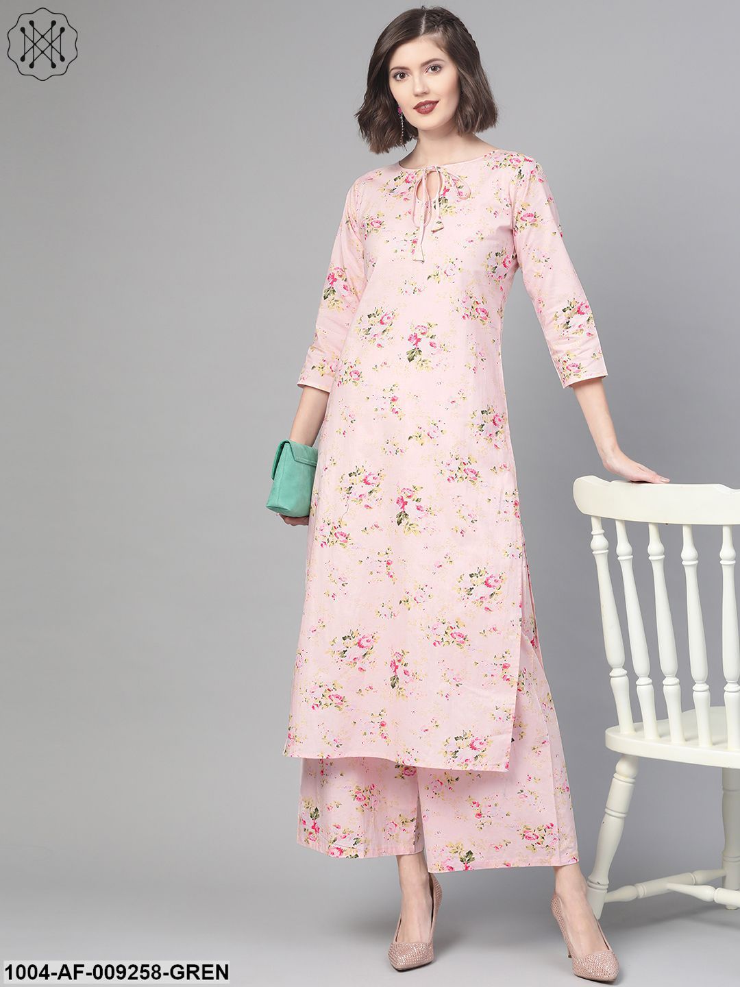 Women Pink & Green Straight Floral Printed Kurta And Palazzos Set