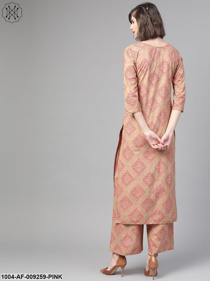 Women Beige & Pink Straight Geometric Printed Kurta And Palazzos Set