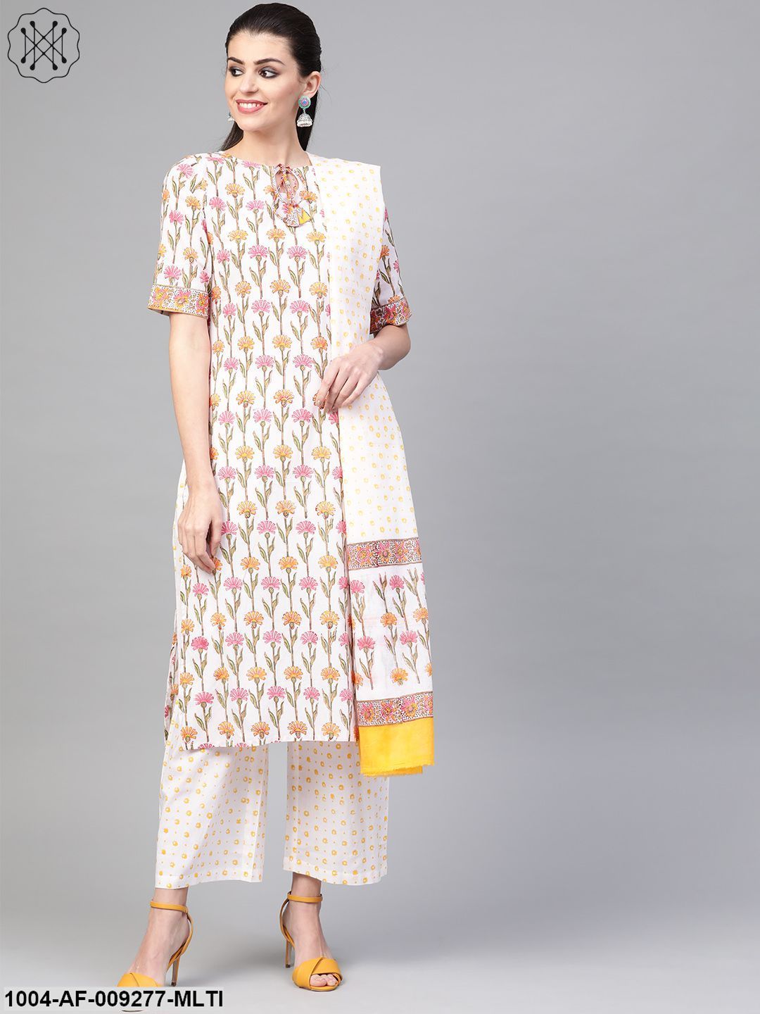 Women White & Multi Straight Floral Printed Kurta And Palazzos Set With Dupatta