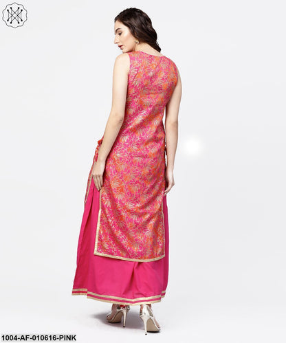 Women Pink Sleeveless Round Neck Straight Cotton Blend Kurta And Skirt Set