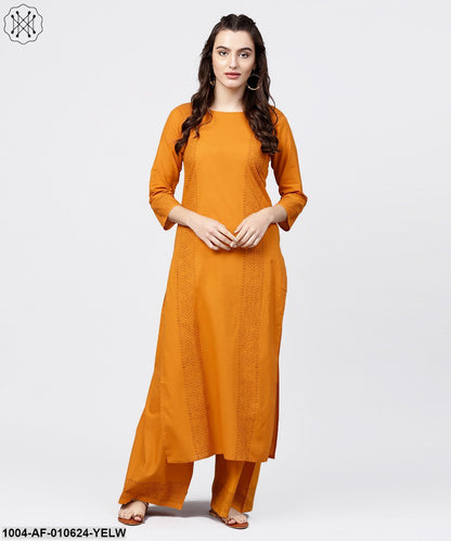 Women Yellow Three-Quarter Sleeves Round Neck Straight Pure Cotton Kurta And Palazzos Set