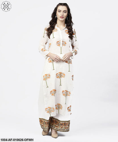 Women Off White Three-Quarter Sleeves Shirt Collar Straight Pure Cotton Kurta And Palazzos Set