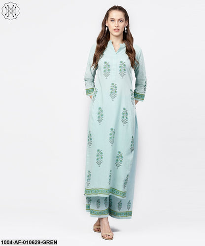 Women Green Three-Quarter Sleeves Mandarin Collar Straight Pure Cotton Kurta And Palazzos Set