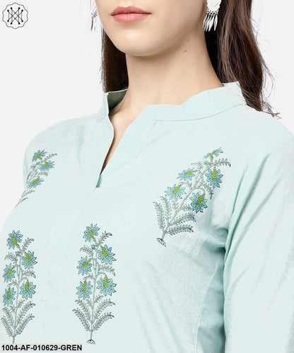 Women Green Three-Quarter Sleeves Mandarin Collar Straight Pure Cotton Kurta And Palazzos Set