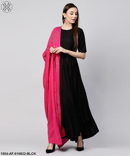Women Black Short Sleeves Round Neck Anarkali Pure Cotton Kurta And Palazzos With Dupatta Set