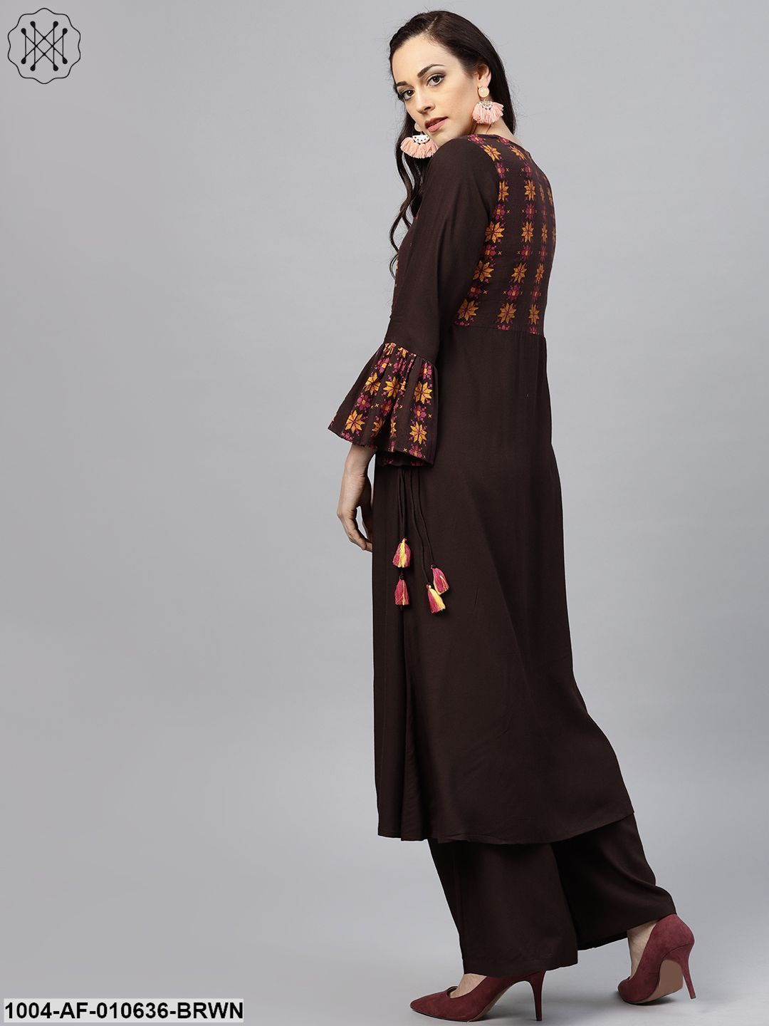 Women Coffee Brown Long Sleeves V-Neck Straight Pure Cotton Kurta And Palazzo Set