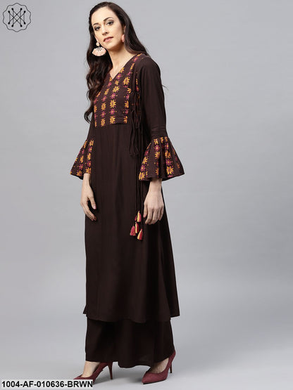 Women Coffee Brown Long Sleeves V-Neck Straight Pure Cotton Kurta And Palazzo Set