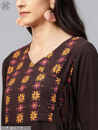 Women Coffee Brown Long Sleeves V-Neck Straight Pure Cotton Kurta And Palazzo Set