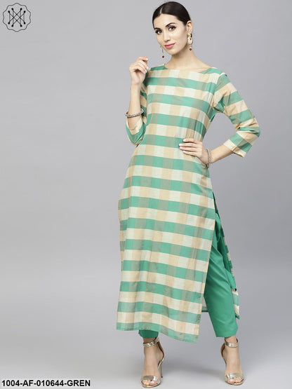 Women Green Three-Quarter Sleeves Round Neck Straight Pure Cotton Kurta And Palazzo Set