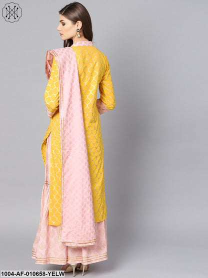 Women Yellow Three-Quarter Sleeves Mandarin Collar Straight Pure Cotton Kurta And Palazzo With Dupatta Set