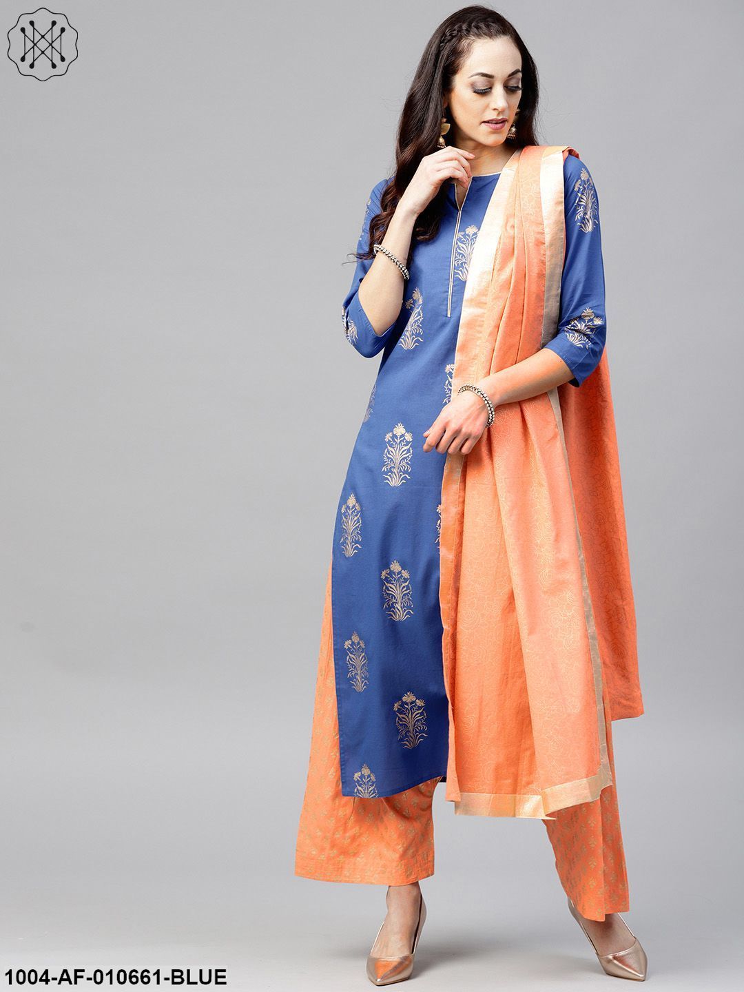 Women Blue Three-Quarter Sleeves Keyhole Neck Straight Pure Cotton Kurta And Palazzo With Dupatta Set