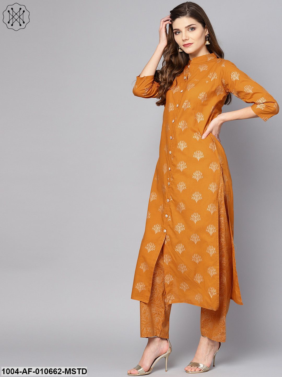 Women Mustard Three-Quarter Sleeves Mandarin Collar Straight Pure Cotton Kurta And Palazzo Set