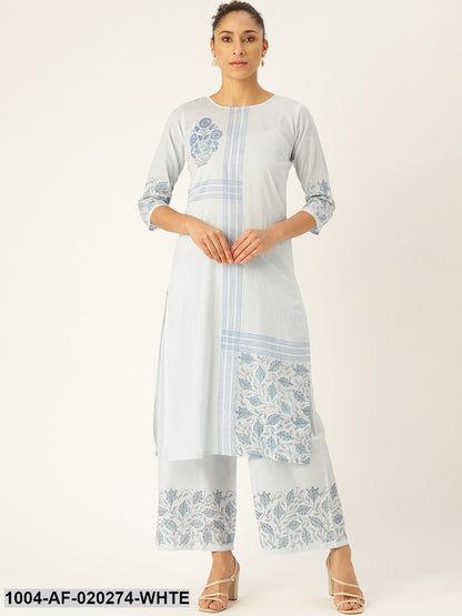 White & Blue Printed Kurta with Palazzos