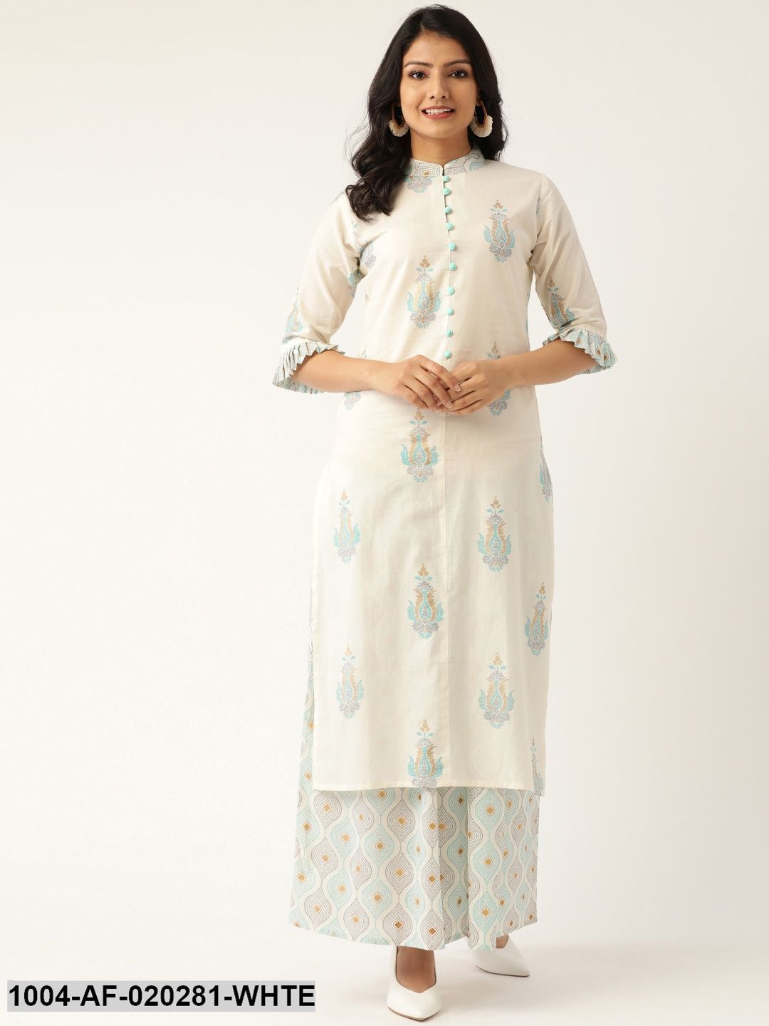 White & Grey Printed Kurta with Palazzos