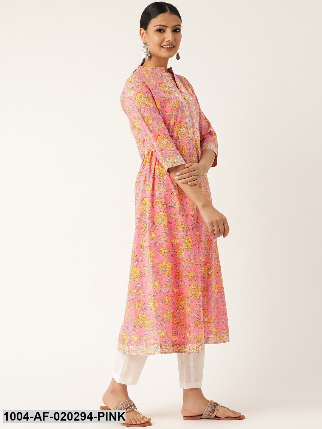 Pink & Off-White Printed Kurta with Trousers & Dupatta