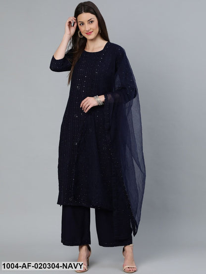 Navy Blue Sequence Embroidered Straight Kurta Plazzo With Net Dupatta