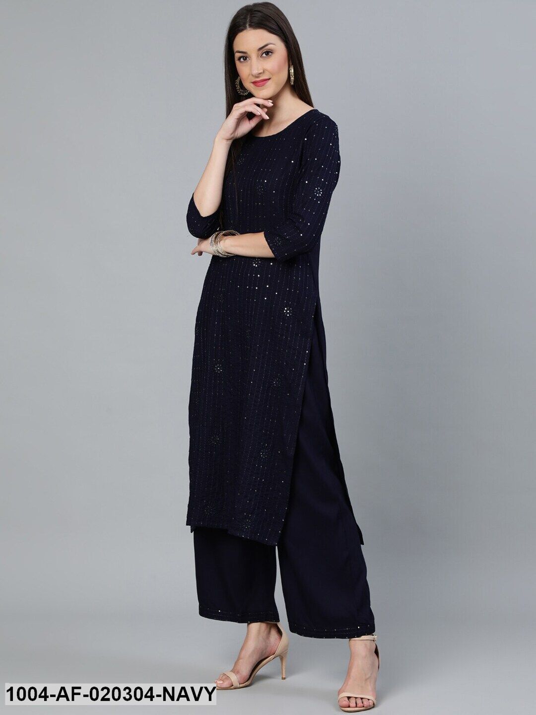 Navy Blue Sequence Embroidered Straight Kurta Plazzo With Net Dupatta