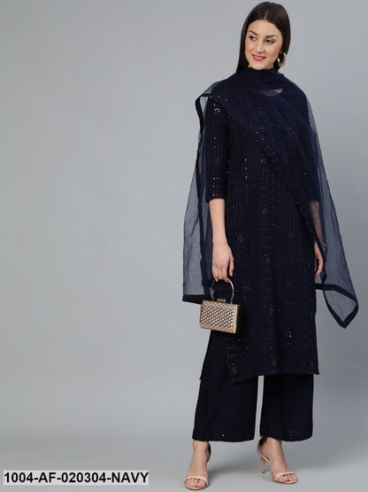 Navy Blue Sequence Embroidered Straight Kurta Plazzo With Net Dupatta