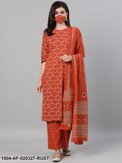 Rust Printed Kurta with Trousers & Dupatta