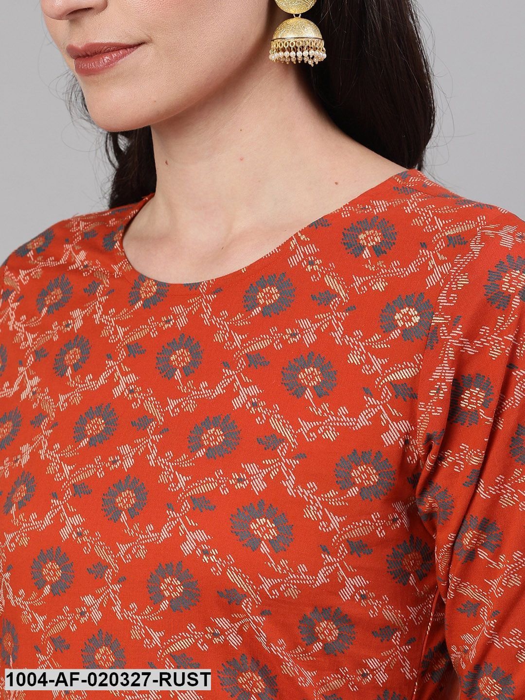 Rust Printed Kurta with Trousers & Dupatta