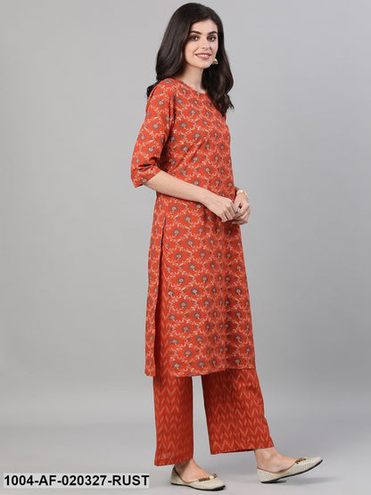 Rust Printed Kurta with Trousers & Dupatta