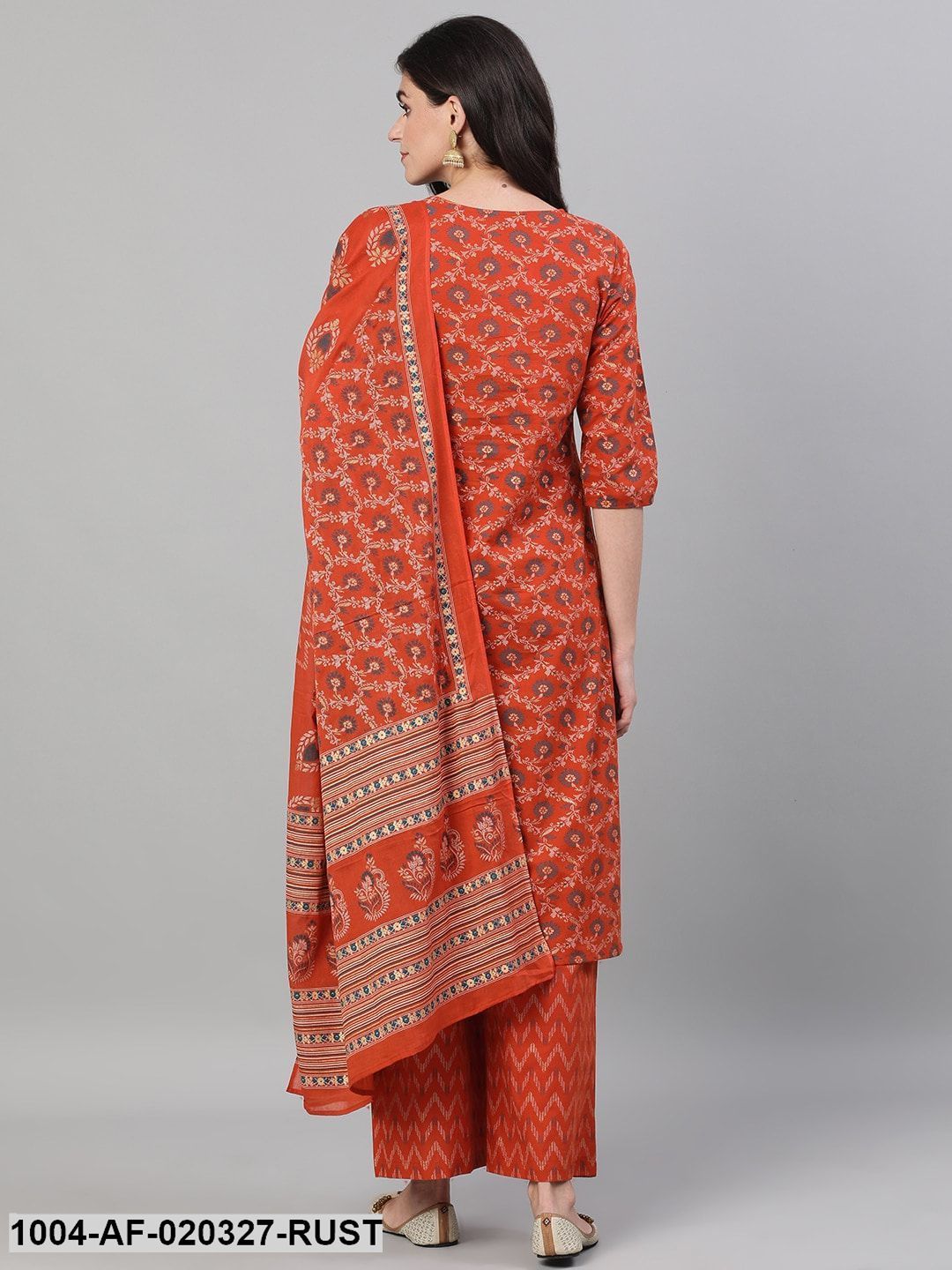 Rust Printed Kurta with Trousers & Dupatta