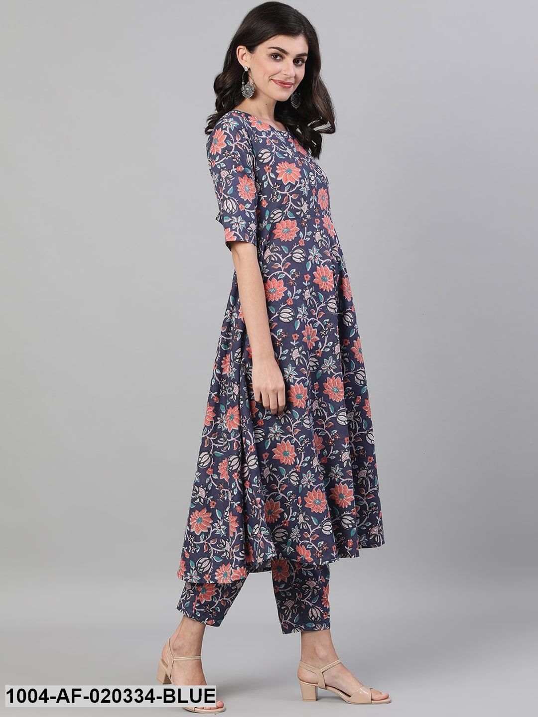 Blue Floral Printed Kurta with Trousers & Dupatta