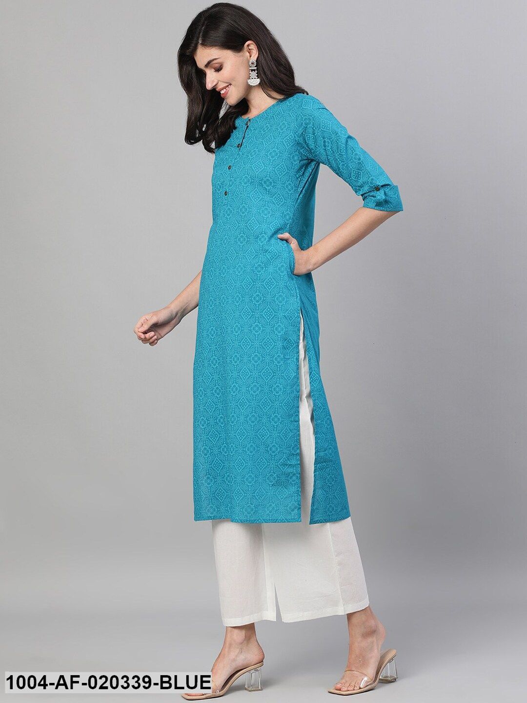 Blue & White Self Design Kurti with Palazzos