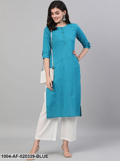 Blue & White Self Design Kurti with Palazzos